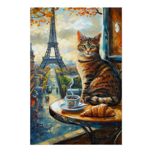 Poster Un matin à Paris | Chat tigré dans un café (Devant)