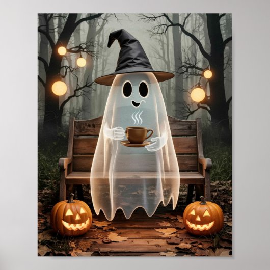 Poster Un mignon fantôme branché avec café dans la forêt (Devant)