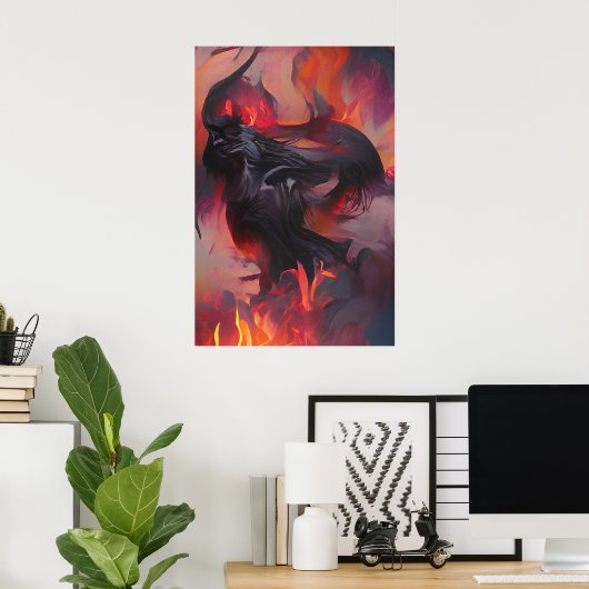 Poster Un monstre fidèle émerge d'une mer de flammes (Bureau à domicile)