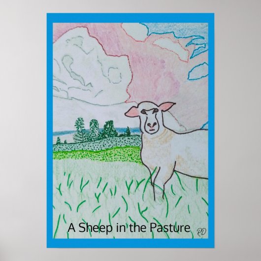 Poster Un mouton dans le pâturage Épaisse frontière bleue (Devant)