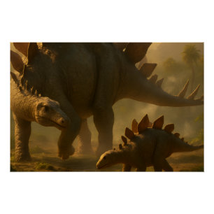 Poster Un noble Stegosaurus adulte guide doucement ses je