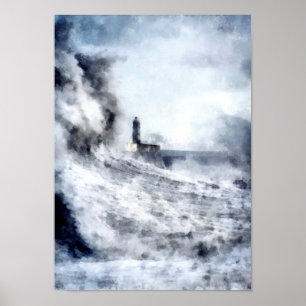 Poster Un océan orageux entoure un phare Paysage
