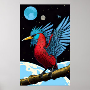 Poster Un oiseau avec un bâton dans l'espace