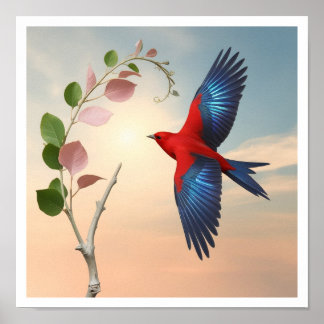 Poster Un oiseau rouge aux ailes bleu vif et largement ré