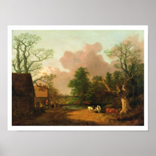 Poster Un paysage avec des figures, des bâtiments agricol