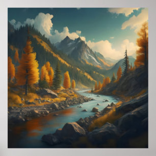 Poster un paysage d'automne avec des arbres, des montagne