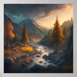 Poster un paysage d'automne avec des arbres, des montagne
