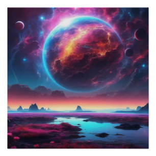 Poster Un paysage de rêve cosmique avec une planète de fe