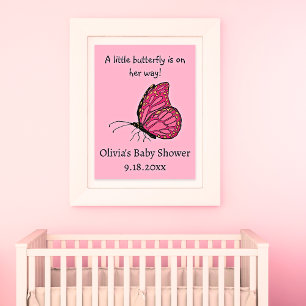 Poster Un petit papillon est en chemin baby shower rose