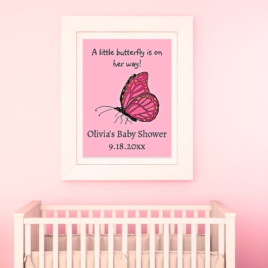 Poster Un petit papillon est en chemin baby shower rose