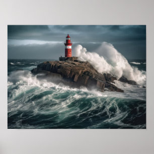 Poster Un phare entouré de vagues