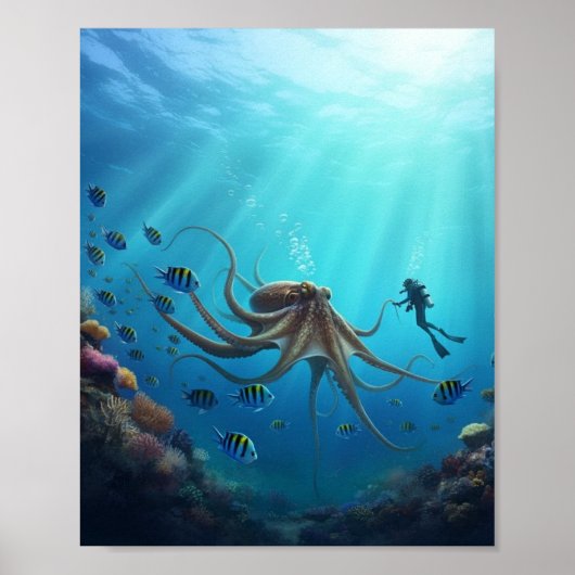 Poster Un plongeur aperçoit une créature marine géante (Devant)