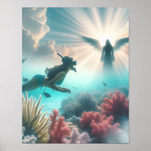 Poster Un plongeur en apnée trouve un ange dans le récif
