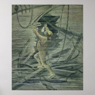 Poster Un plongeur en mer profonde regardant les épaves