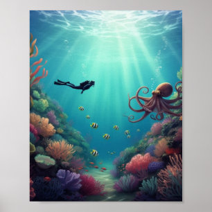 Poster Un plongeur repère une créature marine