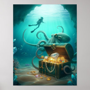 Poster Un plongeur trouve un trésor gardé par une créatur