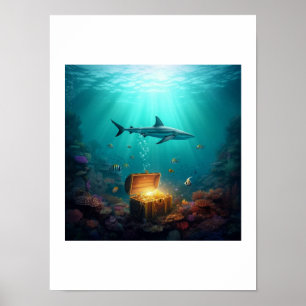 Poster Un requin des récifs gardant un trésor