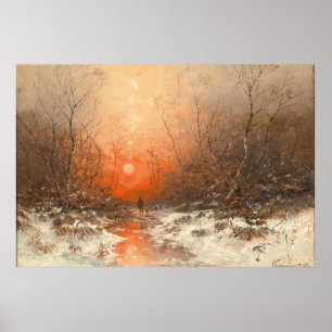 Poster Un sentier forestier avec chasseur au coucher du s