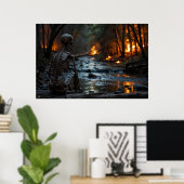 Poster Un squelette regarde un feu de forêt sur la rivièr (Bureau à domicile)
