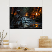 Poster Un squelette regarde un feu de forêt sur la rivièr (Cuisine)
