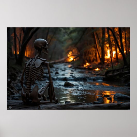 Poster Un squelette regarde un feu de forêt sur la rivièr (Devant)