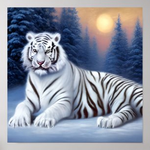 Poster Un tigre blanc assis dans la neige