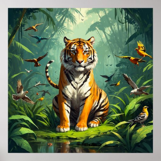 Poster Un tigre unique assis dans la jungle avec des oise (Devant)