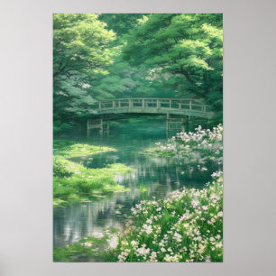 Poster Un vieux pont en bois dans une forêt verte