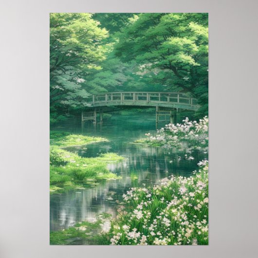 Poster Un vieux pont en bois dans une forêt verte (Devant)