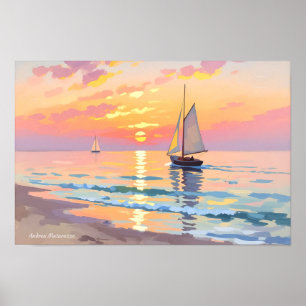 Poster Un voilier au coucher du soleil sur la mer