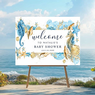 Poster Under the Sea Blue & Gold Baby Shower Welcome Sign