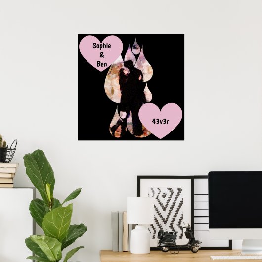 Poster Under Umbrella: Romantic Couple Kissing in Rain (Bureau à domicile)