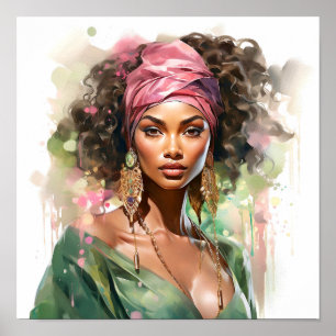 Poster Une Africaine Américaine Peinture rose et verte