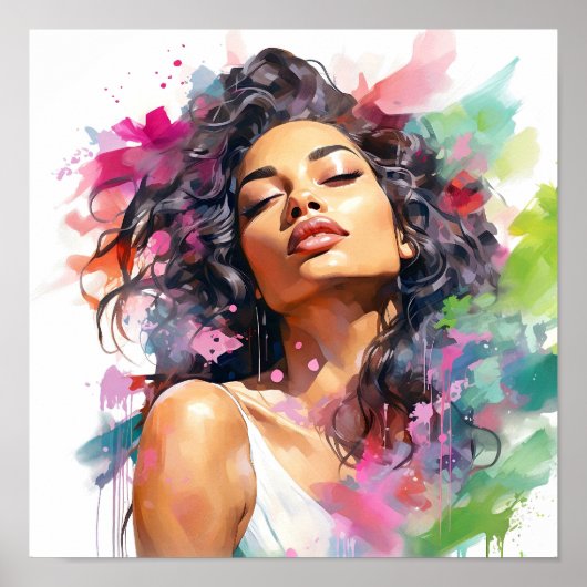 Poster Une Africaine Américaine Peinture rose et verte (Devant)