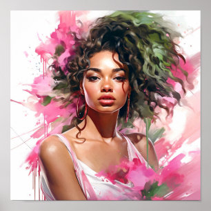 Poster Une Africaine Américaine Peinture rose et verte