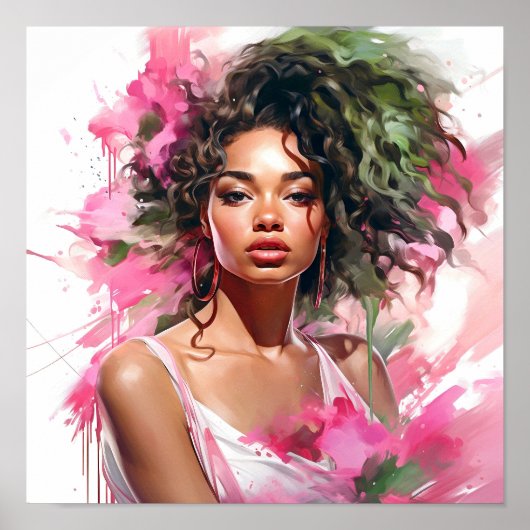 Poster Une Africaine Américaine Peinture rose et verte (Devant)