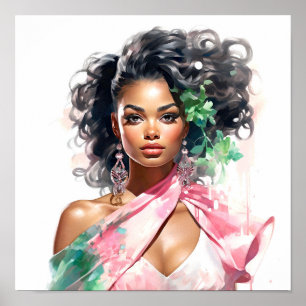 Poster Une Africaine Américaine Peinture rose et verte