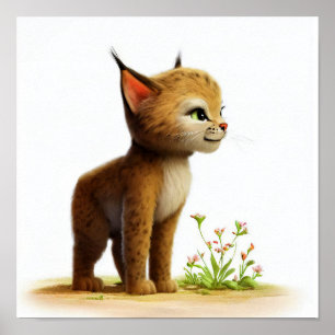 Poster Une aquarelle 3D image d'un jeune Bobcat mignon