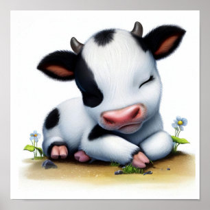 Poster Une aquarelle 3D Image d'une jeune vache Holstein