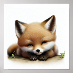 Poster Une aquarelle 3D Peinture d'un jeune Fox mignon