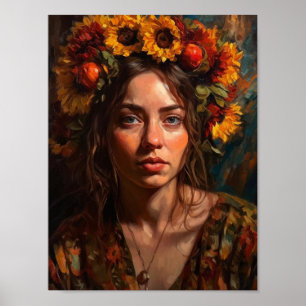Poster Une belle femme avec des tournesols dans les cheve