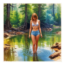 Une belle fille dans l'étang couleur huile Peintur