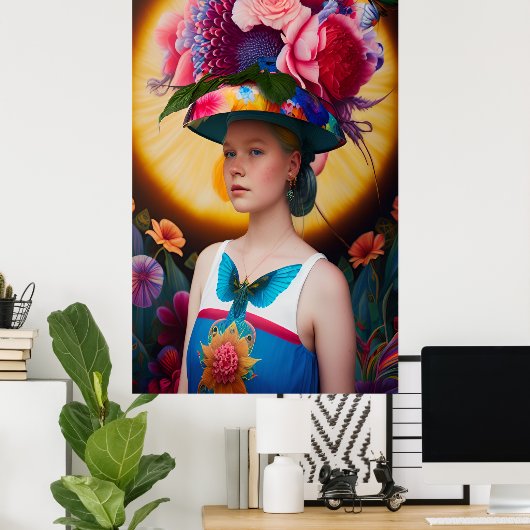 Poster Une dame avec un casquette solaire à fleurs (Bureau à domicile)