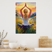 Poster Une dame fait du yoga dans un champ au coucher du  (Cuisine)