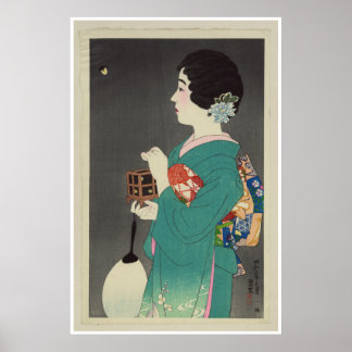 Poster Une Dame japonaise tient une cage de lucioles - 19