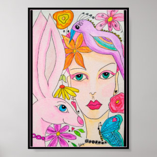 Poster Une dame, un lapin et un oiseau