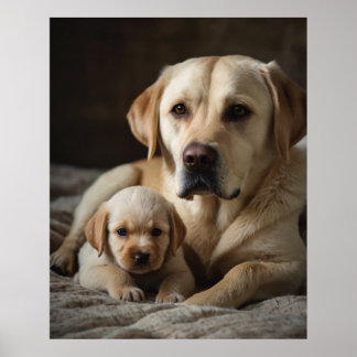 Poster Une femelle du Labrador beige tenant un chiot nouv