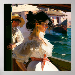 Poster Une femme à bord d'un navire entrant dans un port