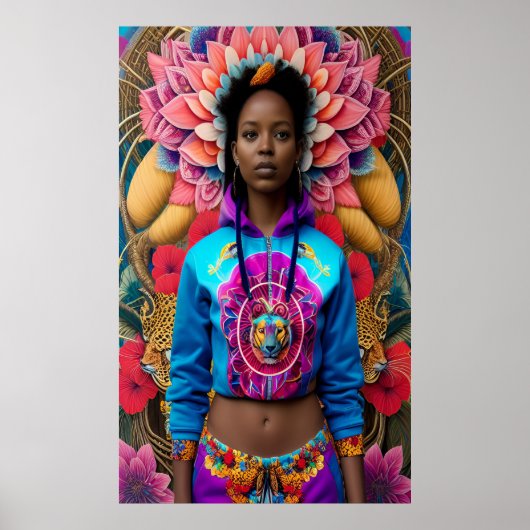 Poster Une femme africaine avec un costume à fleurs (Devant)
