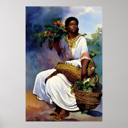 Poster Une femme africaine en costume avec un panier (Devant)